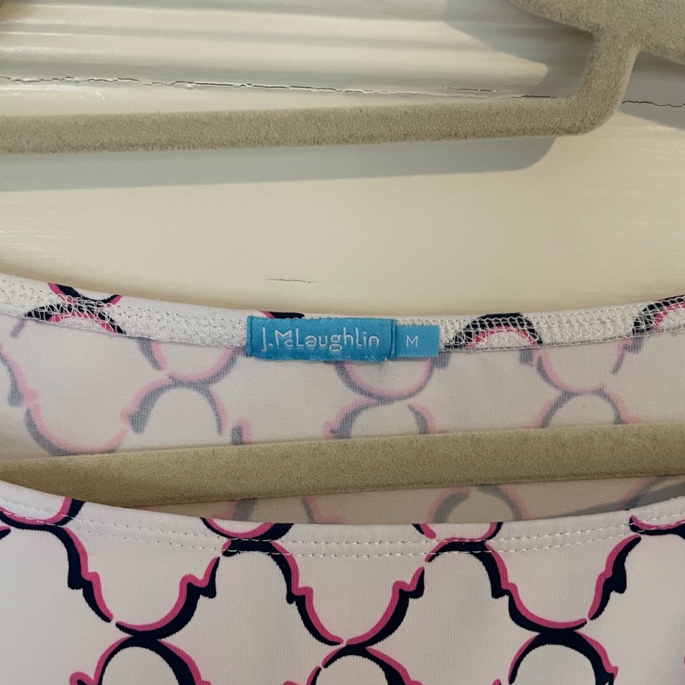 White Pink and Navy Patterned Boat Neck Dress - Picture 4 of 6
